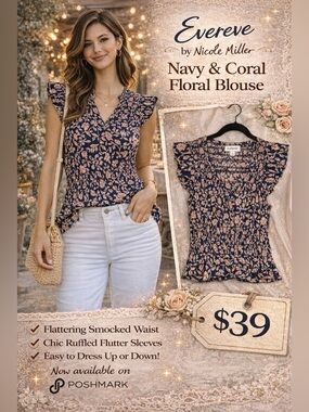Evereve Smocked Floral Top Small Navy Coral Flutter Sleeve Feminine Chic